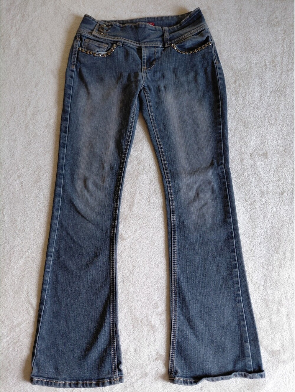 Y2K Jeans Women Flare Studded Size 9 Low Rise Blue Denim Red Rivet